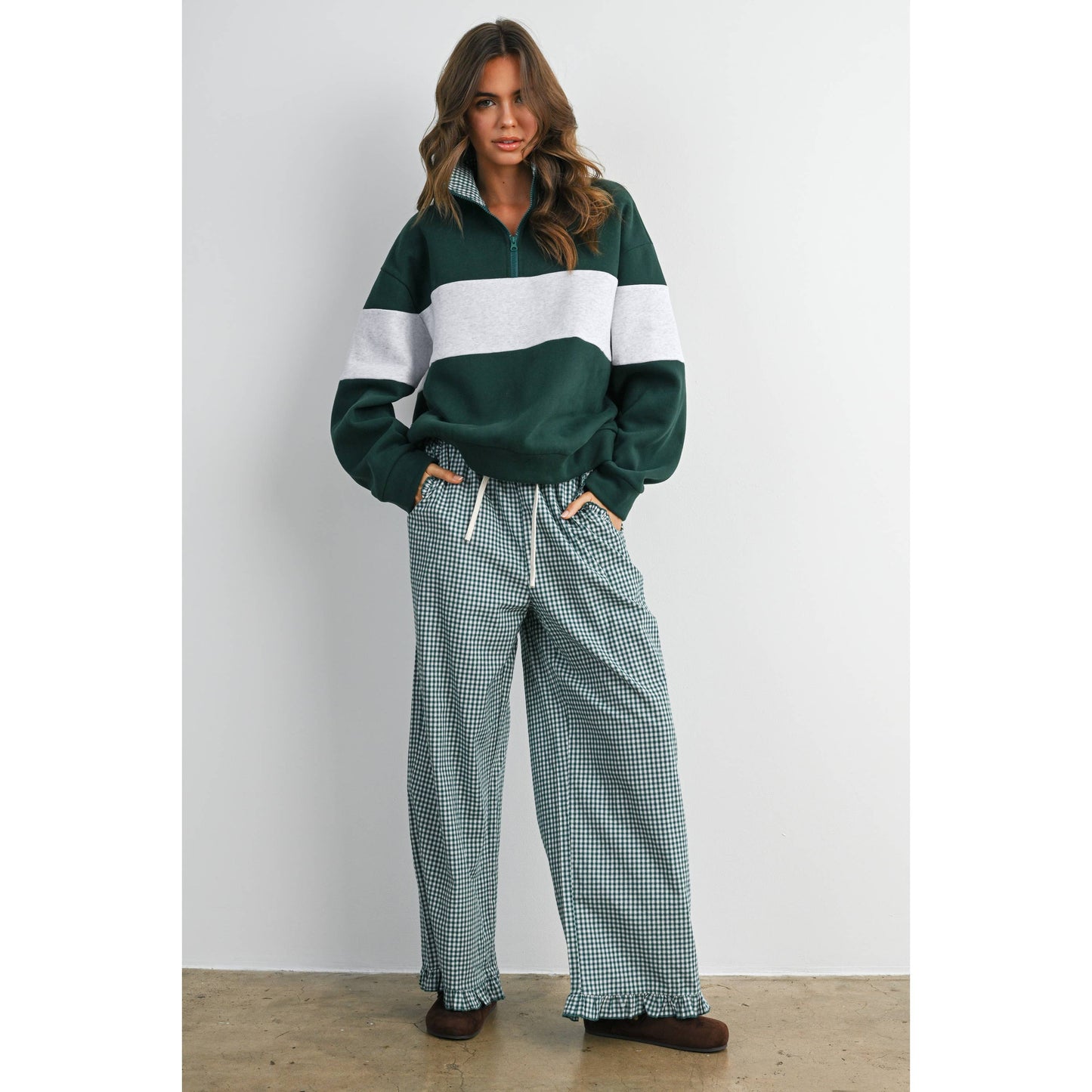 Women's Striped Ruffle Hem Cropped Pants- BMP8476