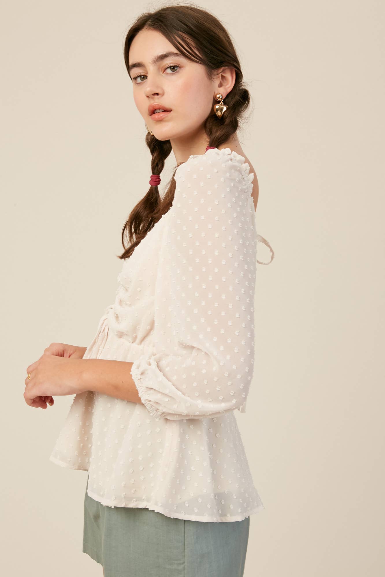 Swiss Dot Ruched Peplum Blouse