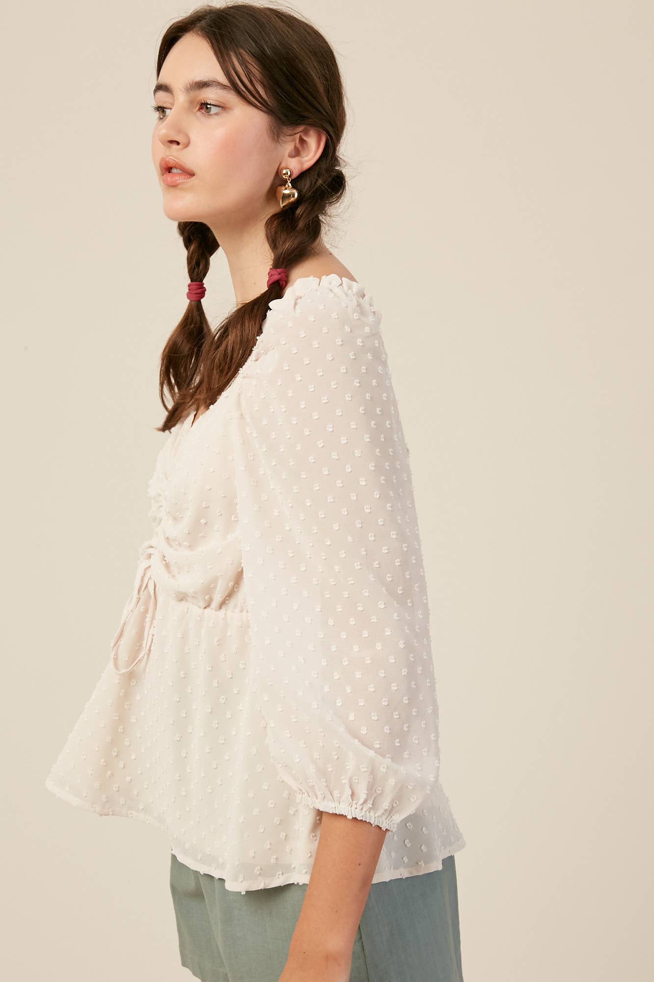 Swiss Dot Ruched Peplum Blouse