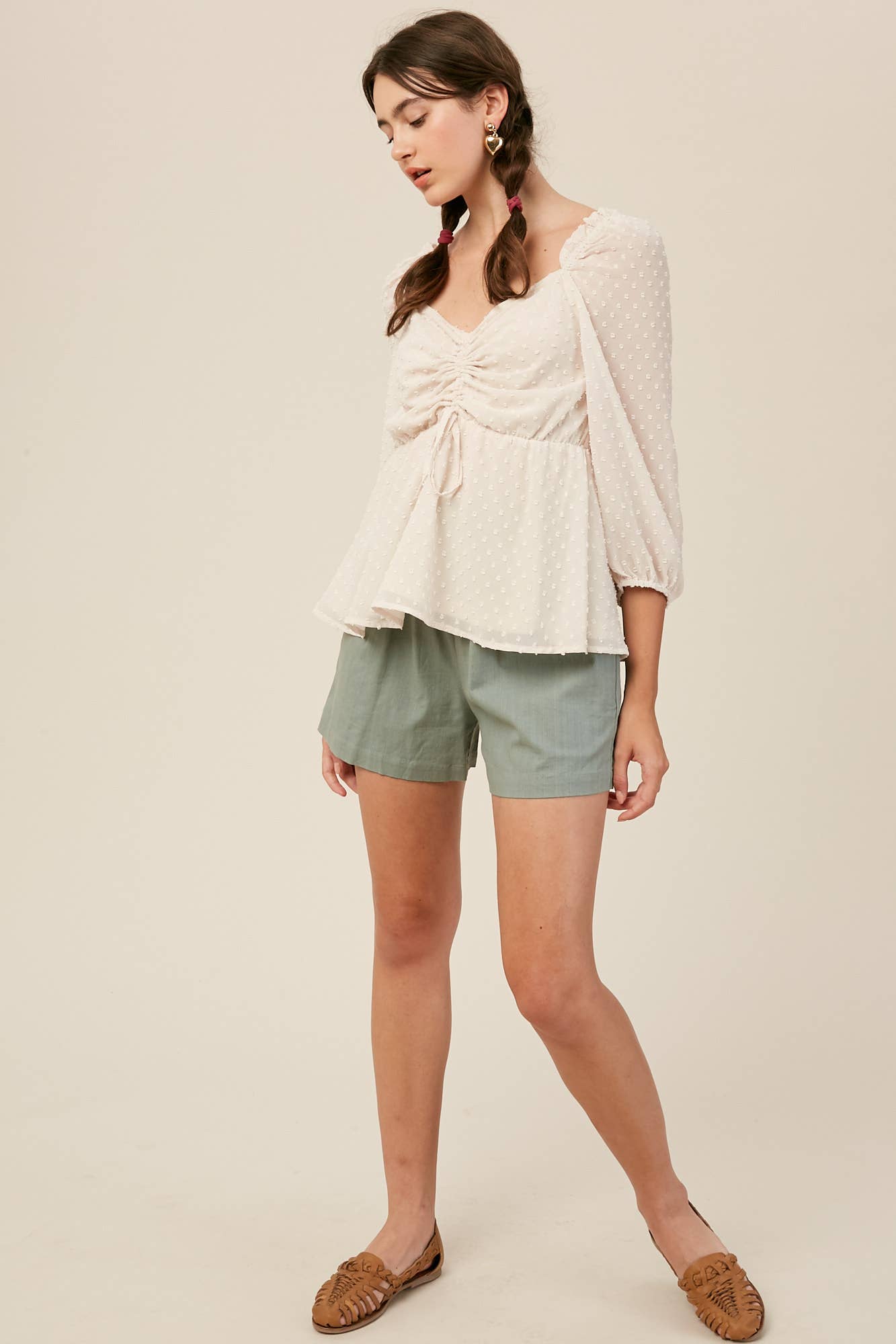 Swiss Dot Ruched Peplum Blouse