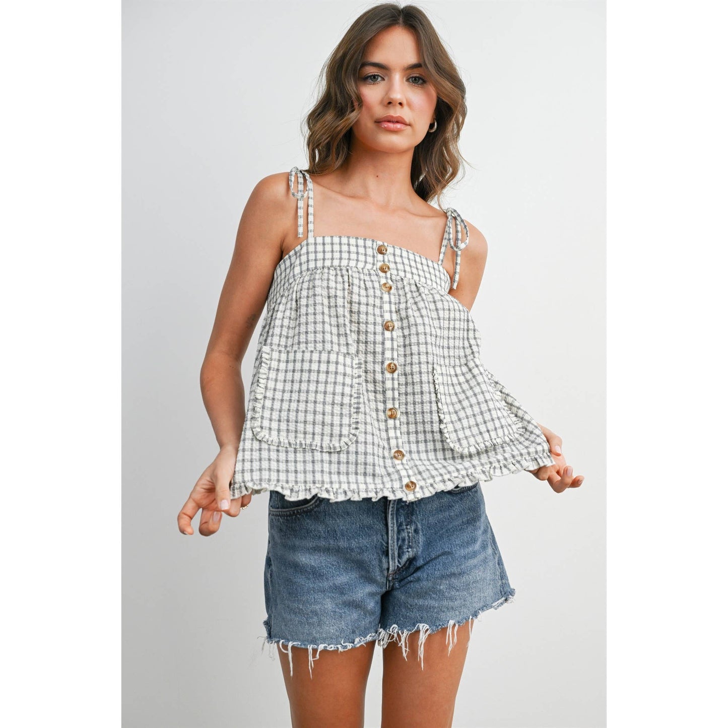 Plaid Tie Shoulder Tank Top-BMT8424