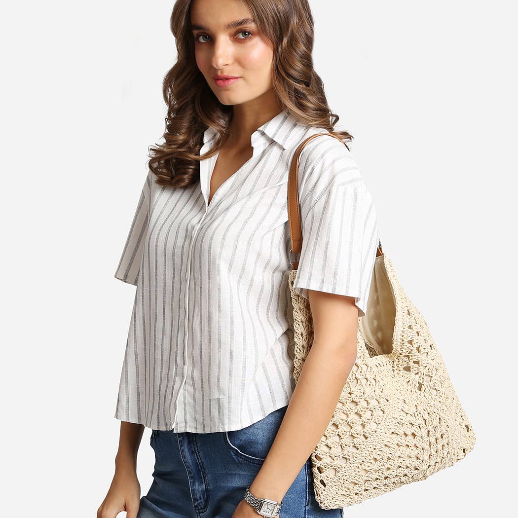 Triangular Pattern Straw Shoulder Bag