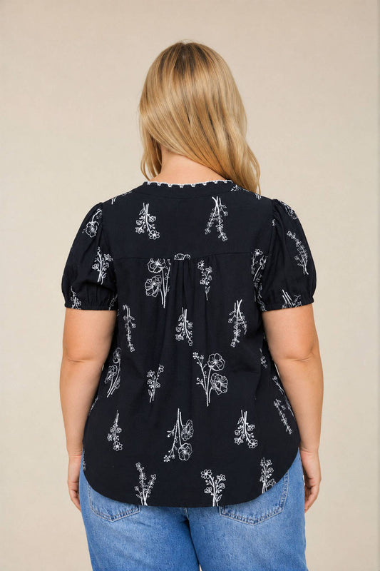 PLUS FLORAL LINE PRINT BUTTON DOWN