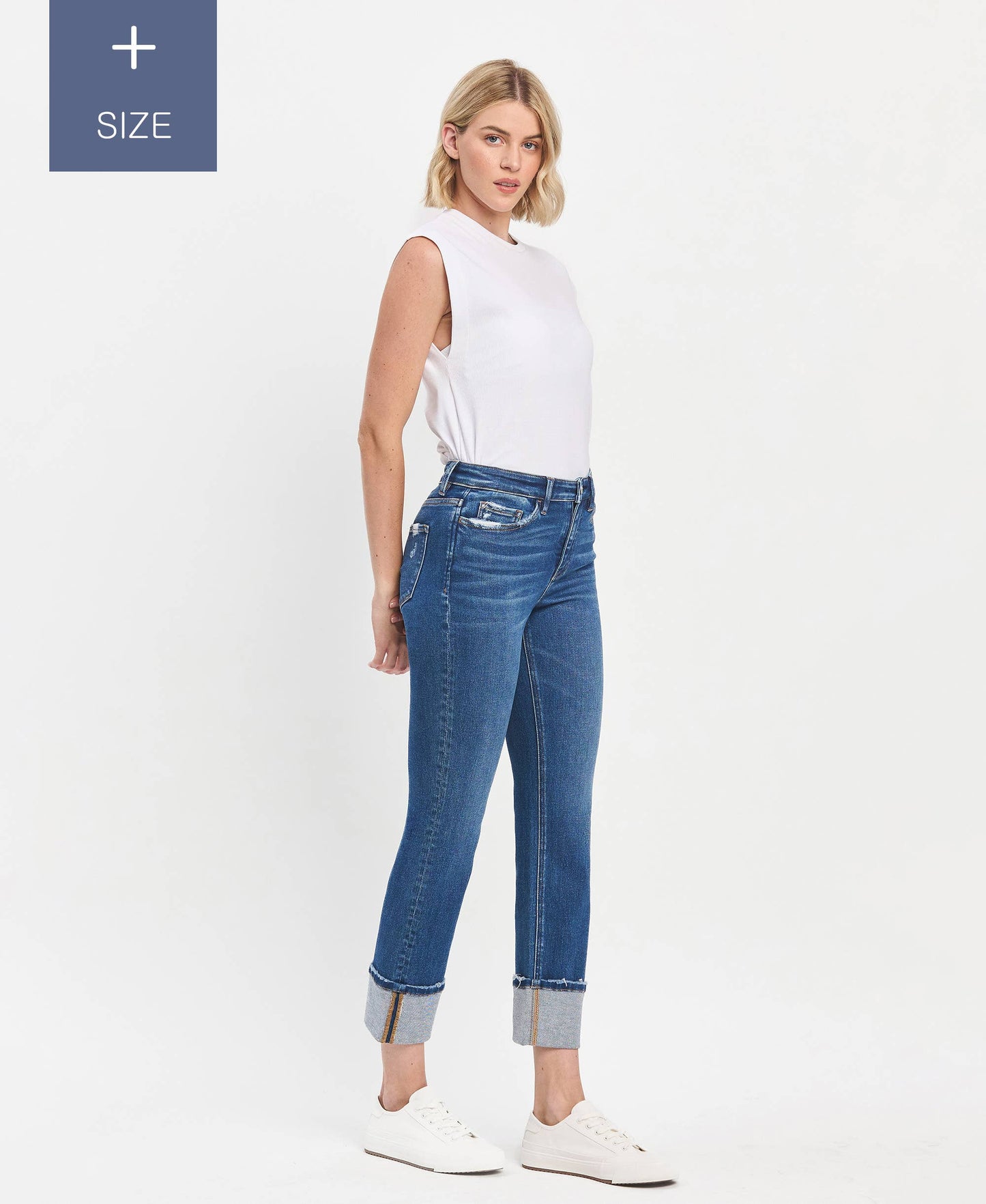 PLUS SIZE HIGH RISE CUFFED SLIM STRAIGHT JEANS