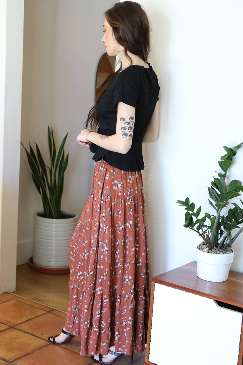 SMOCKED WAIST TIERED MAXI SKIRT