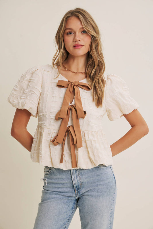 BUBBLE BOW FRONT BABYDOLL BLOUSE
