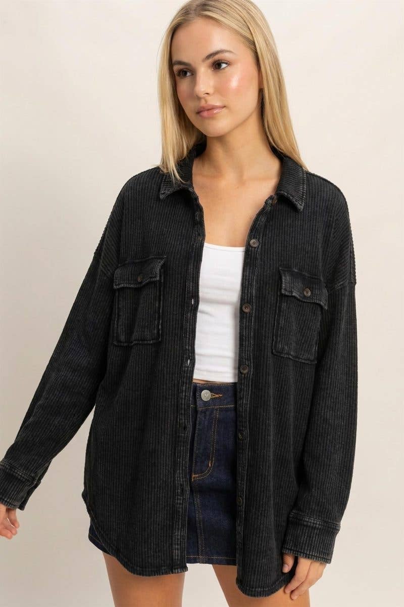 Mineral Wash Waffle Knit Button-up Shacket
