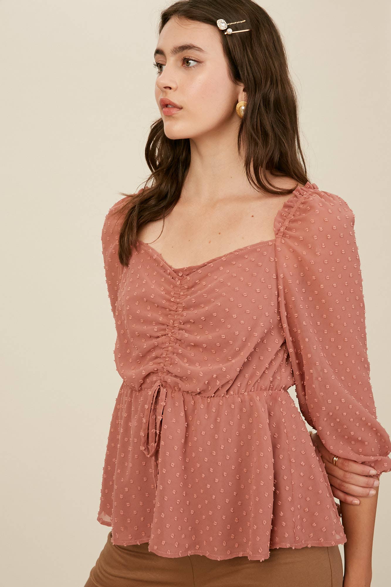 Swiss Dot Ruched Peplum Blouse
