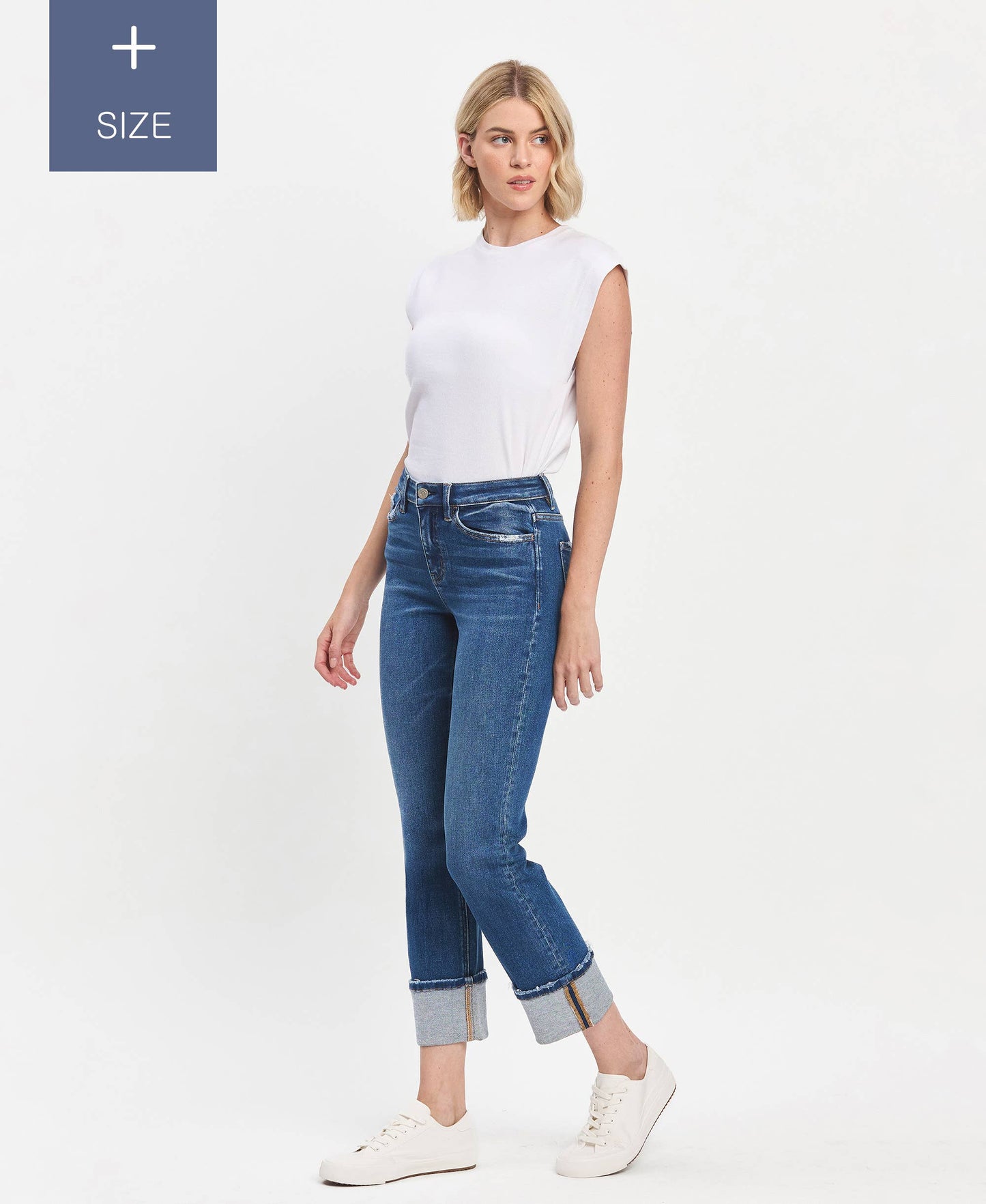 PLUS SIZE HIGH RISE CUFFED SLIM STRAIGHT JEANS