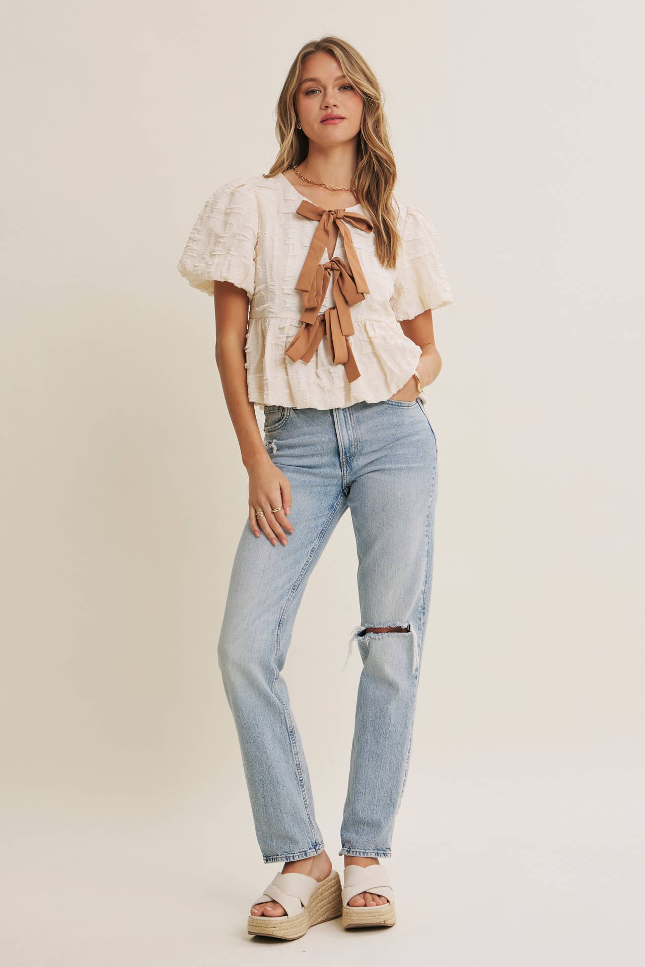BUBBLE  BOW FRONT BABYDOLL BLOUSE