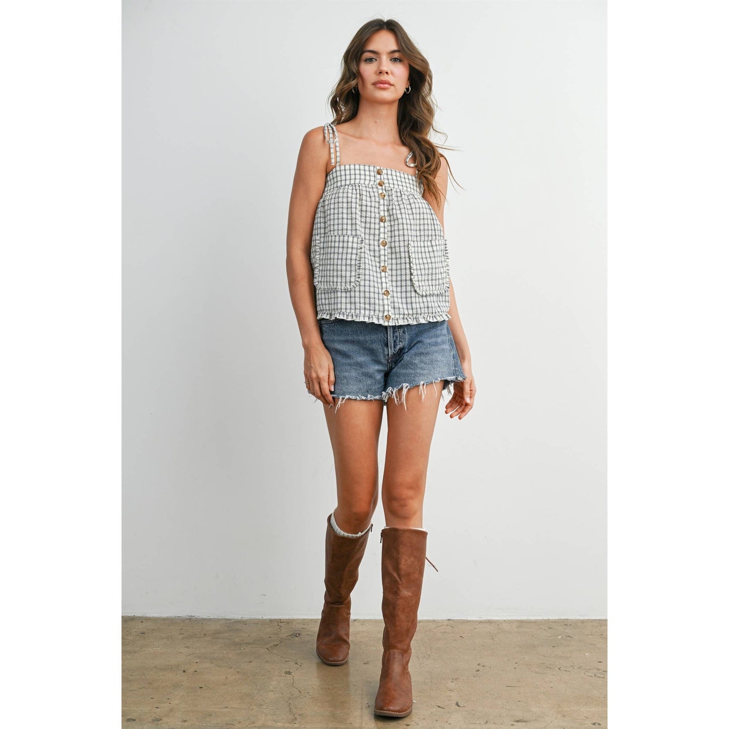 Plaid Tie Shoulder Tank Top-BMT8424