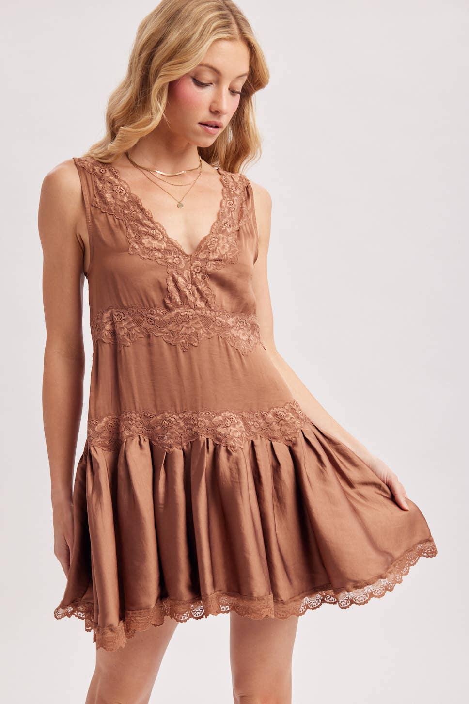 SATIN SLIP V-NECK LACE TRIMMED BABYDOLL MINI DRESS