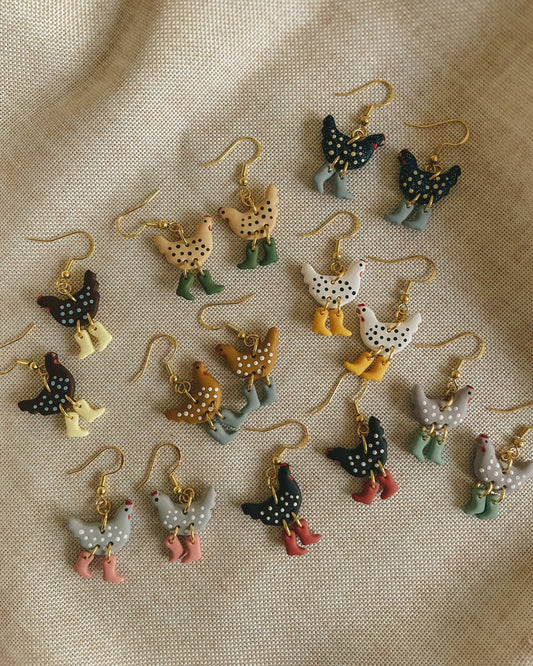 Polka Dot Chickens in Boots Earrings