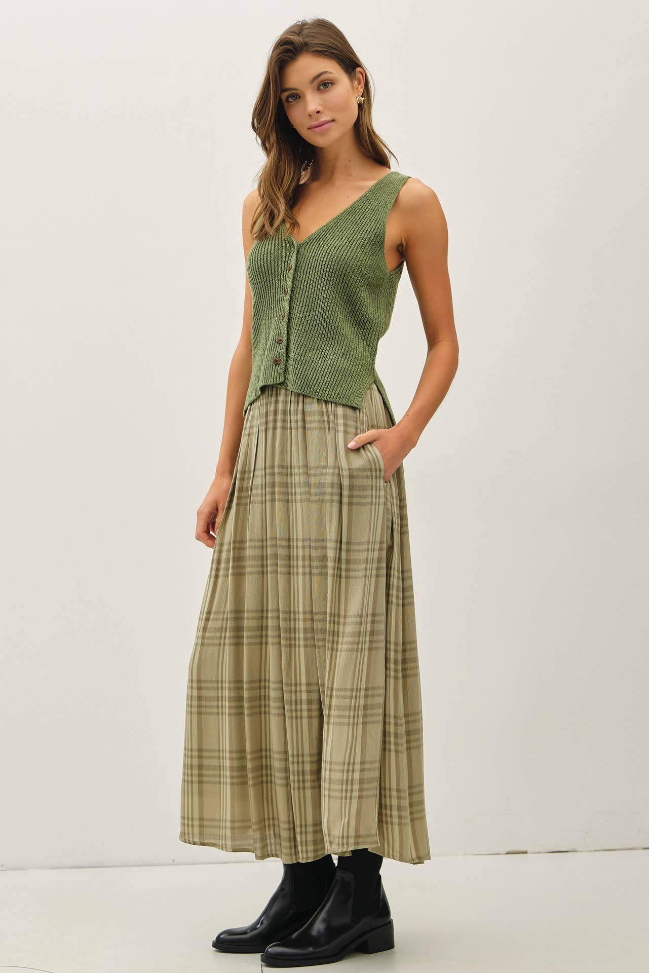 PLAID PRINTED PLEATS MIDI SKIRT