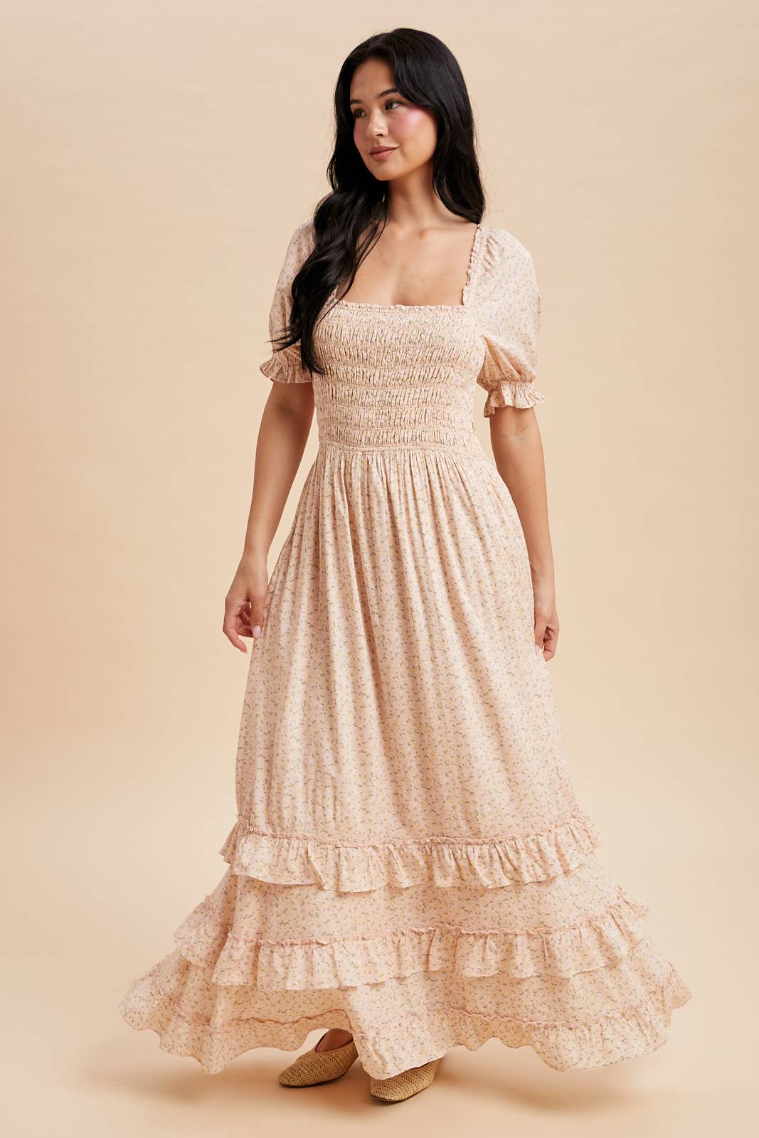 SMOCKED FLORAL MAXI DRESS