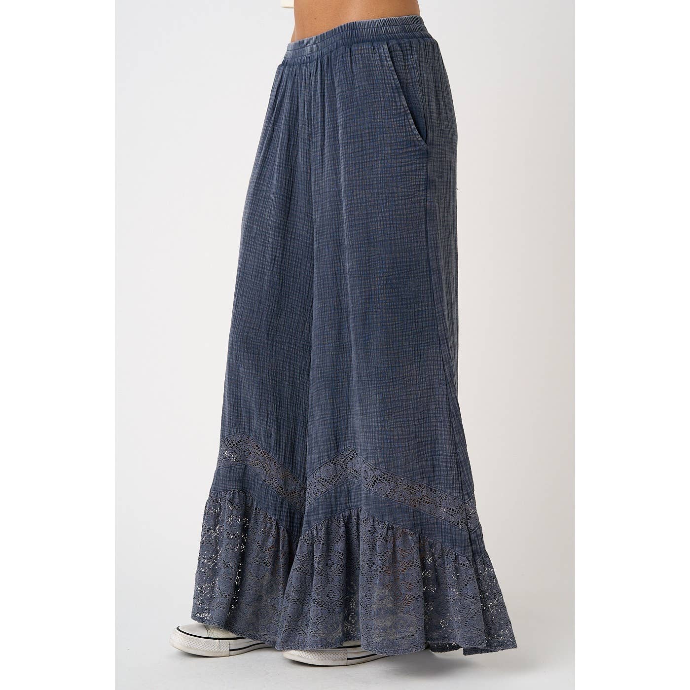 LACE RUFFLE HEM ELASTIC WAIST WIDE LEG PANTS