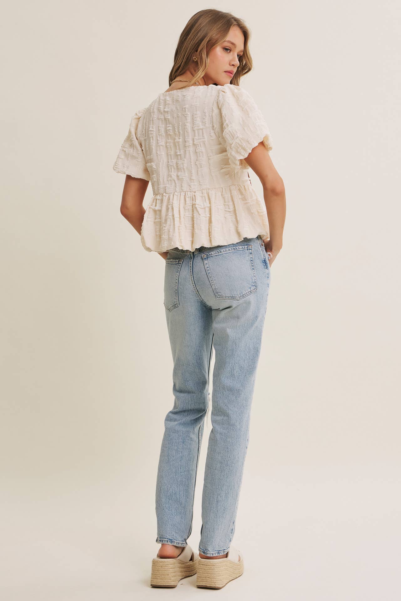 BUBBLE  BOW FRONT BABYDOLL BLOUSE