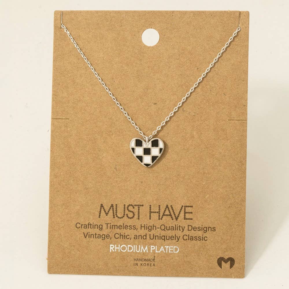 Gold Dipped Epoxy Checkered Heart Pendant Necklace
