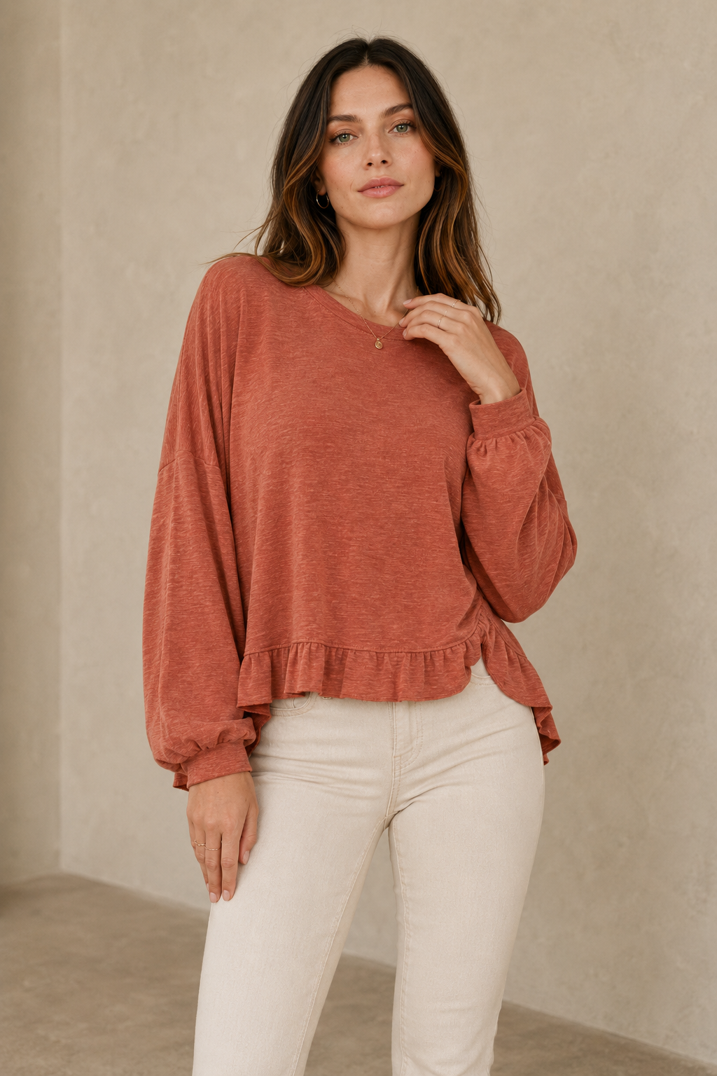 Knit Crewneck Ruffle High-Low