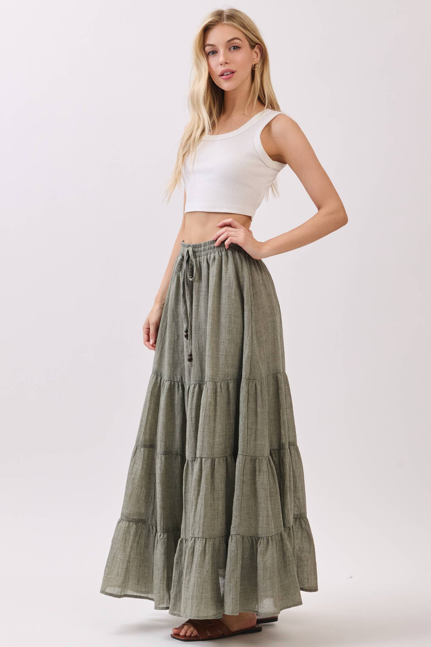Tiered Coconut Tie Detail Maxi Skirt - VS3009