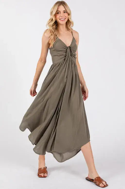 Woven Solid Front Ruched Midi Jumpsuit