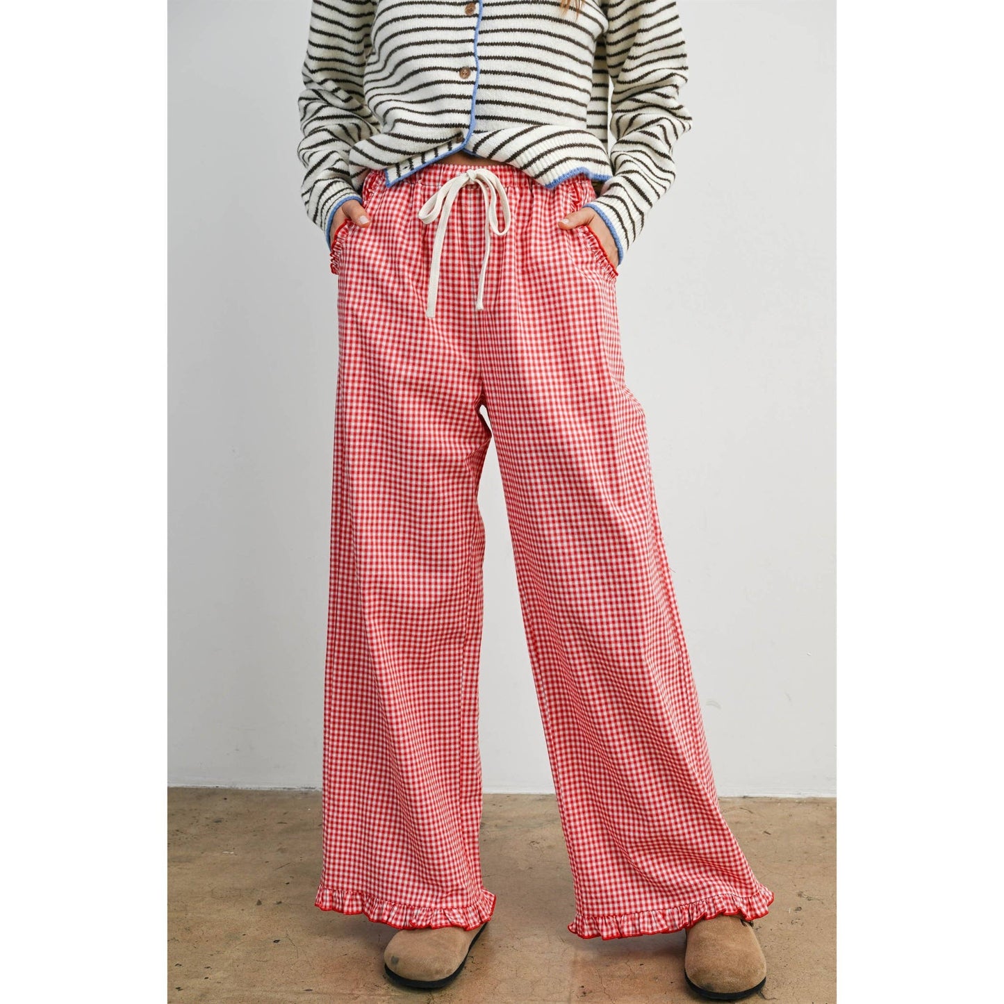 Women's Striped Ruffle Hem Cropped Pants- BMP8476