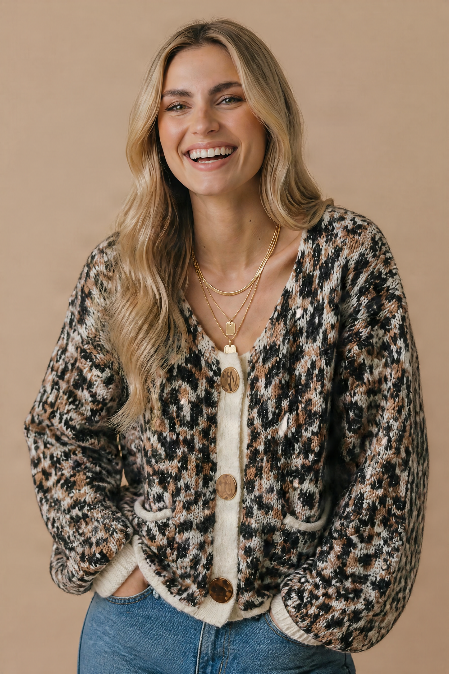 Plus Scoop Neck Leopard Gold Buttons Cardigan