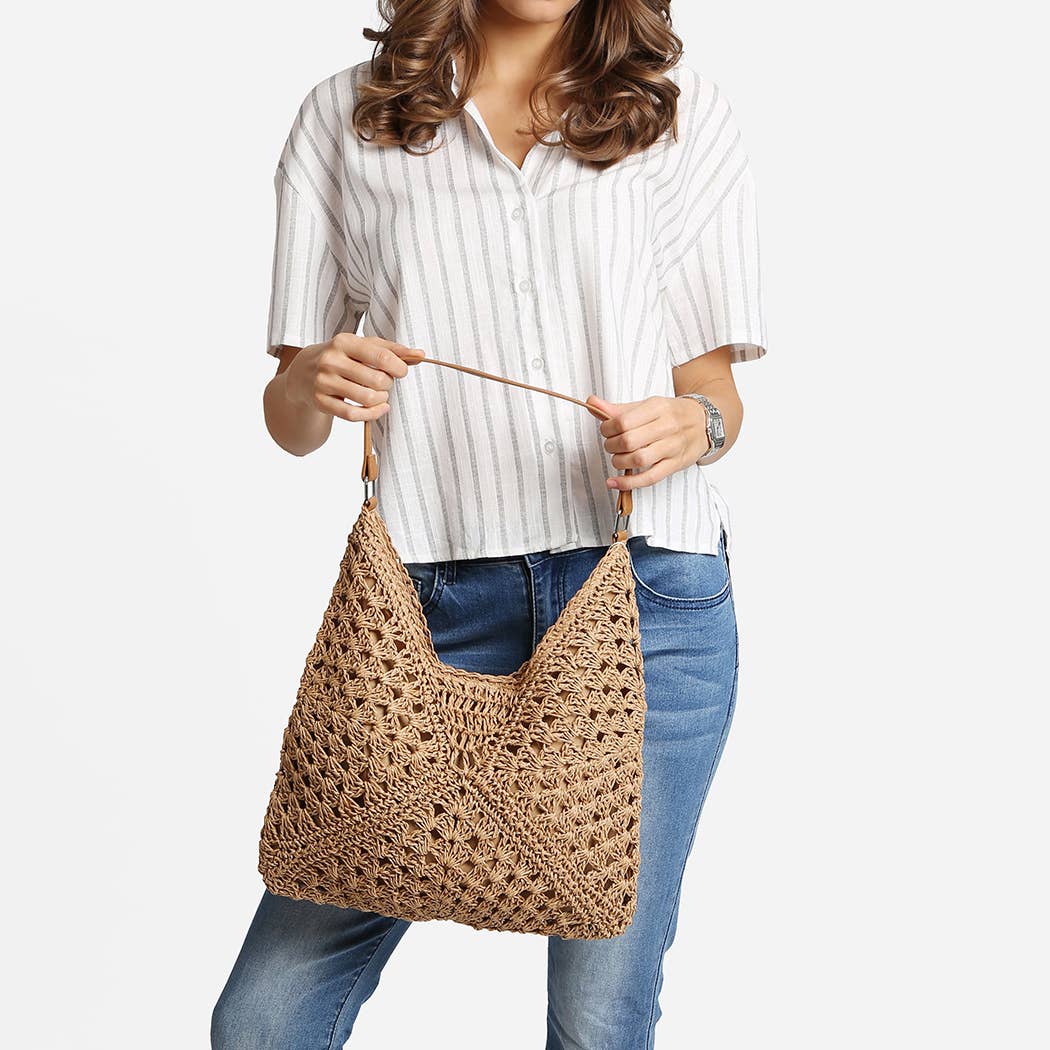 Triangular Pattern Straw Shoulder Bag