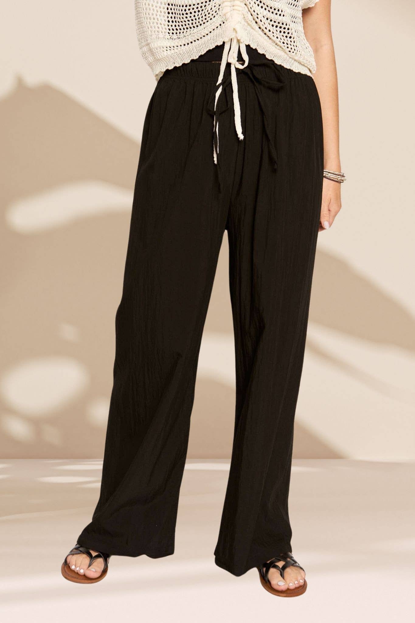 CEP3334 - WAIST TIE CRINKLE FLOWY PANTS