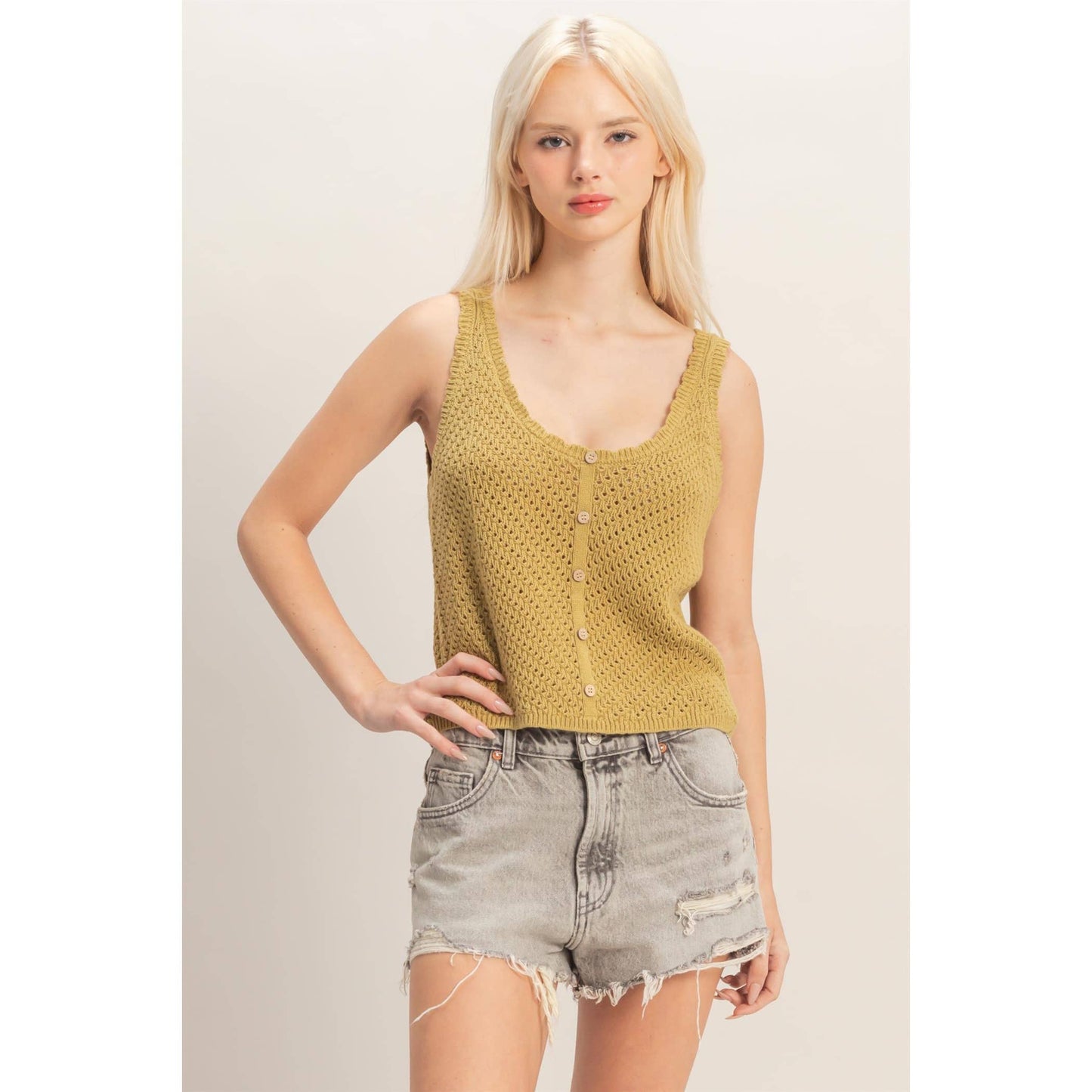 Open Knit Scallop Edge Button Front Tank Top