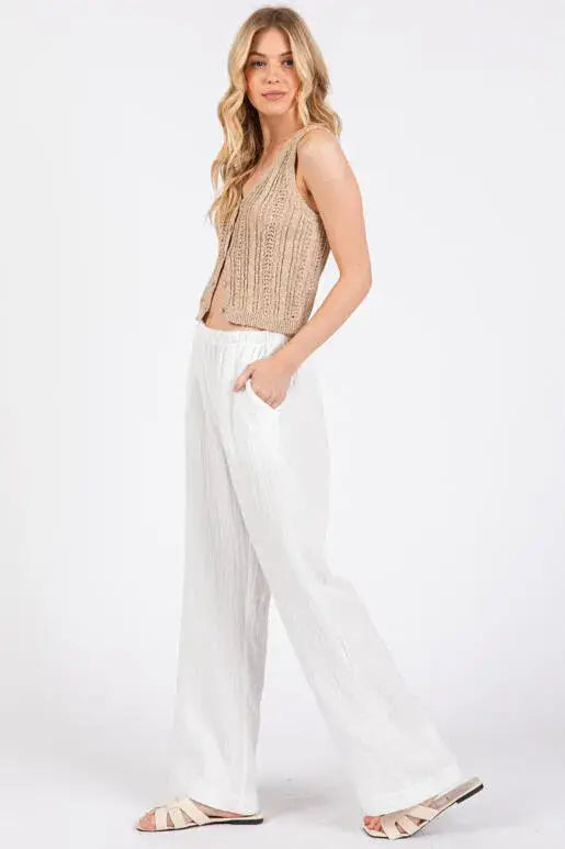 Gauze Waist Elastic Wide Leg Pants - NP70166B