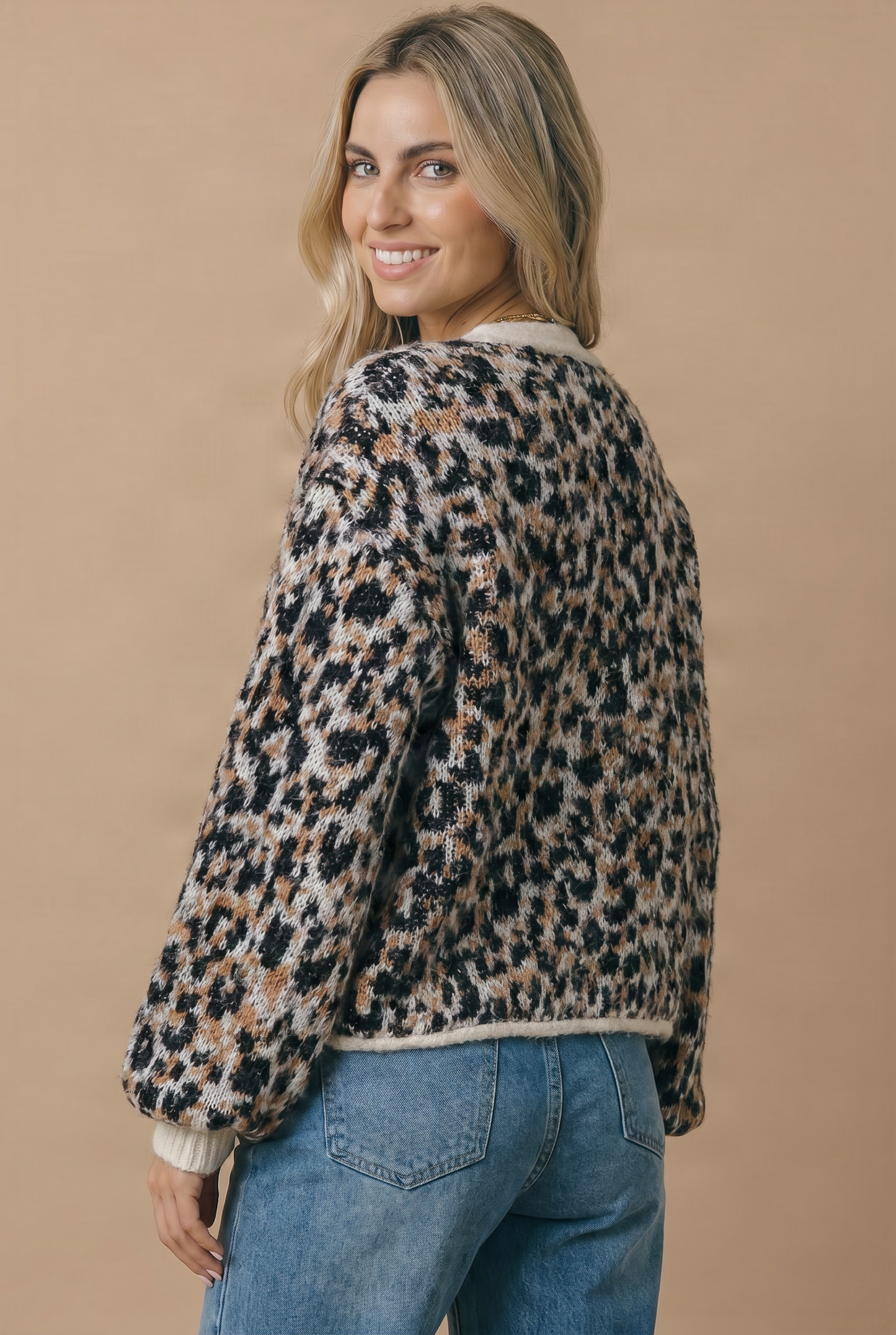 Plus Scoop Neck Leopard Gold Buttons Cardigan