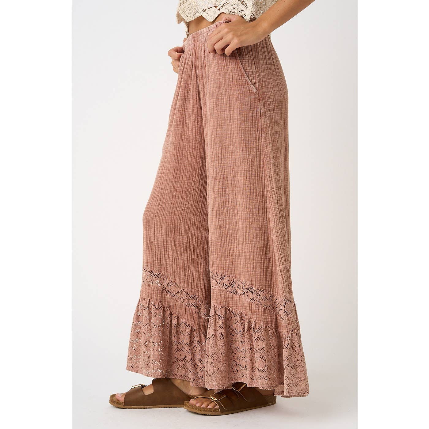 LACE RUFFLE HEM ELASTIC WAIST WIDE LEG PANTS