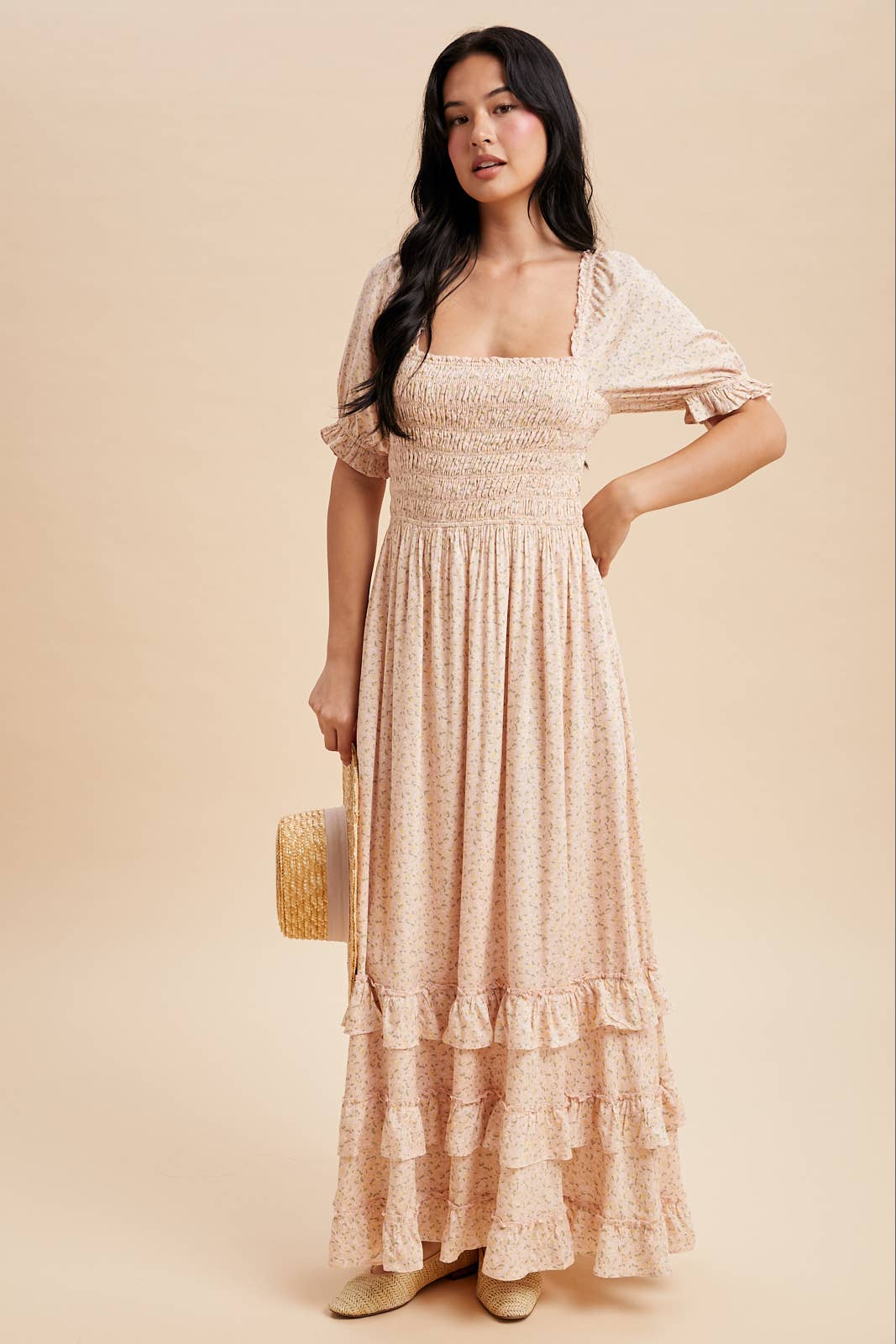 SMOCKED FLORAL MAXI DRESS