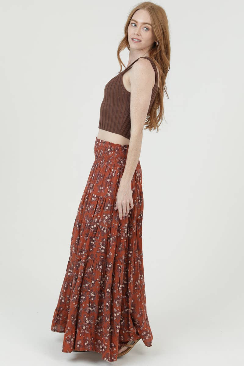 SMOCKED WAIST TIERED MAXI SKIRT