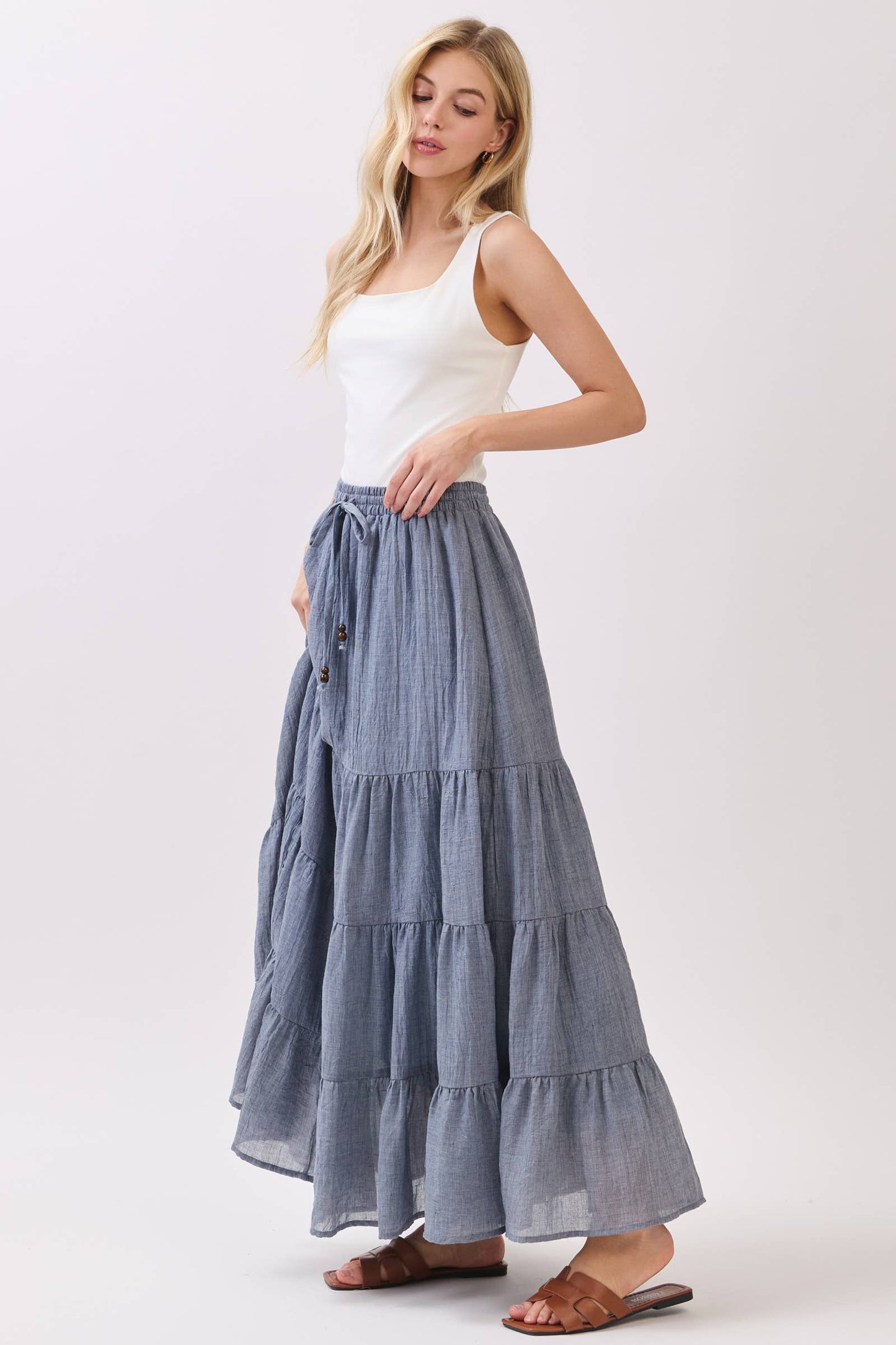 Tiered Coconut Tie Detail Maxi Skirt - VS3009