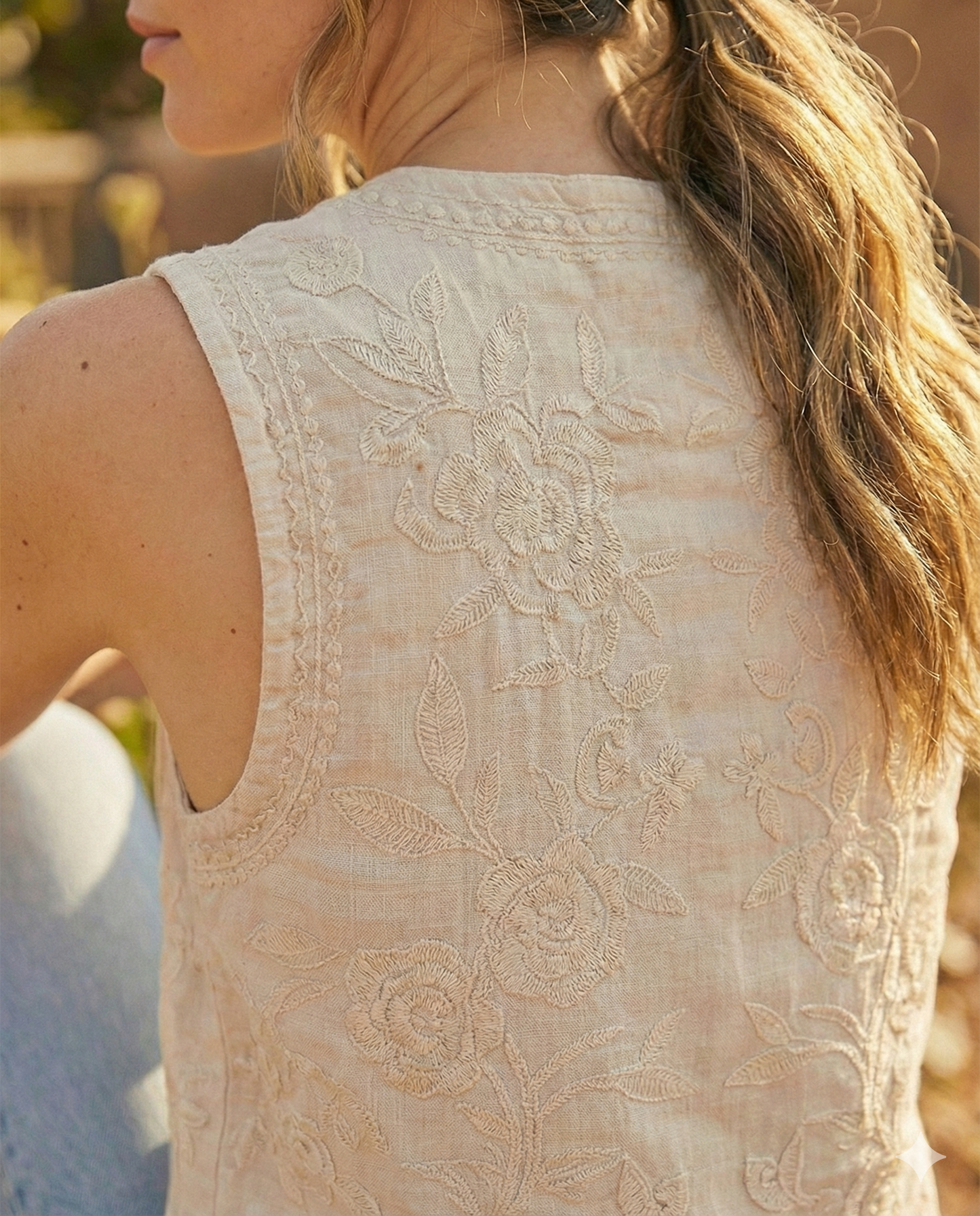 Women's Cotton Embroidered Button Front Sleeveless Top-Vest