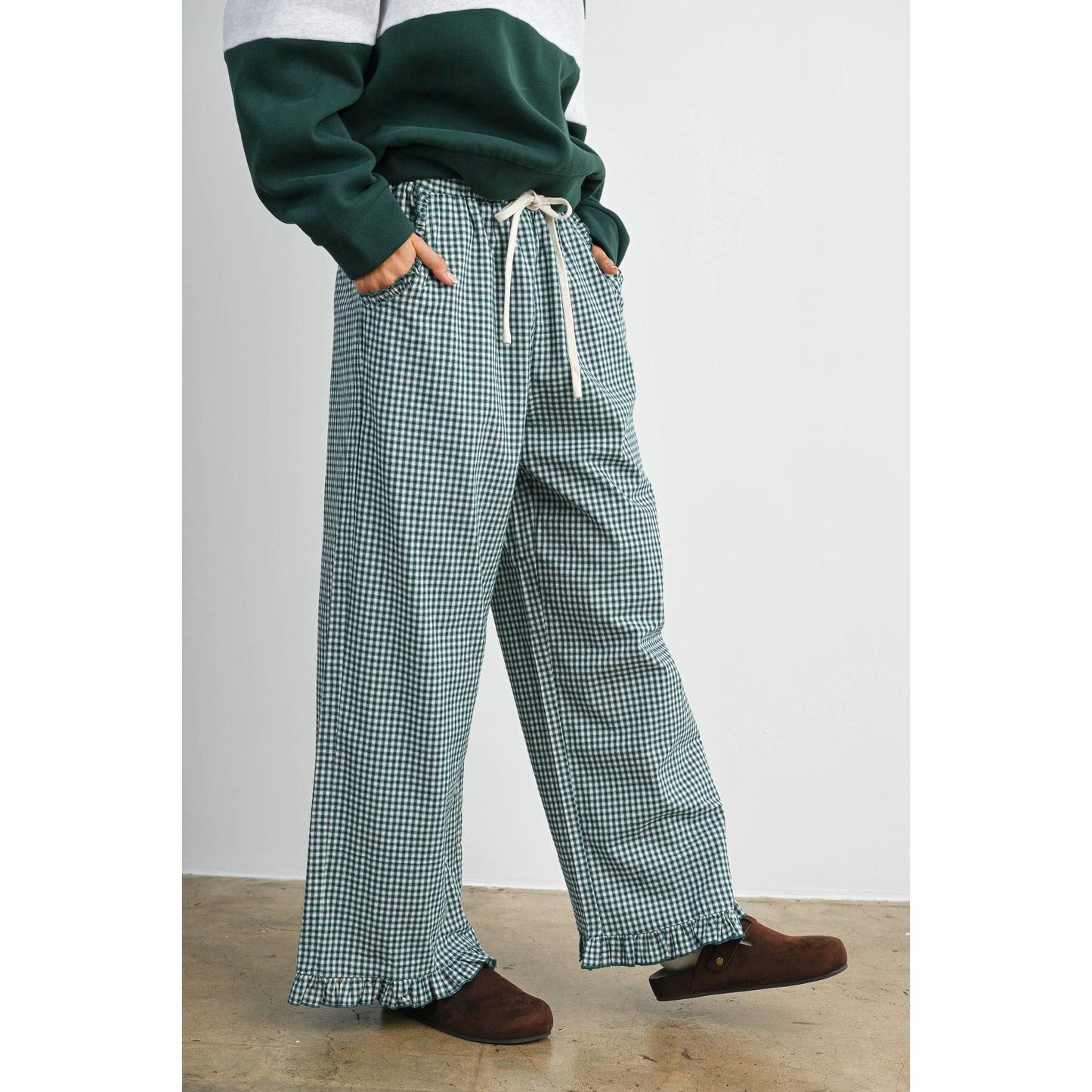 Women's Striped Ruffle Hem Cropped Pants- BMP8476
