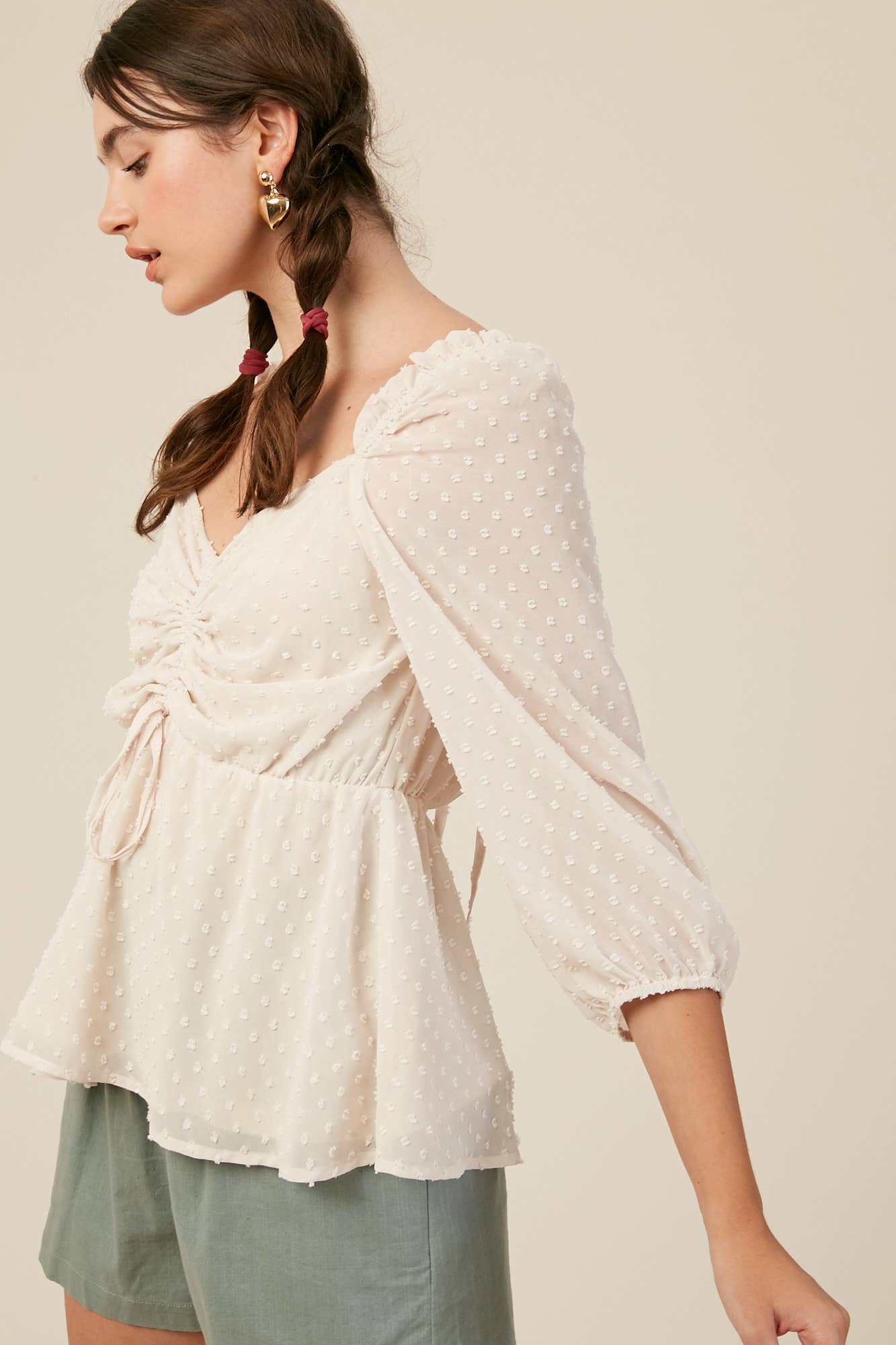 Swiss Dot Ruched Peplum Blouse