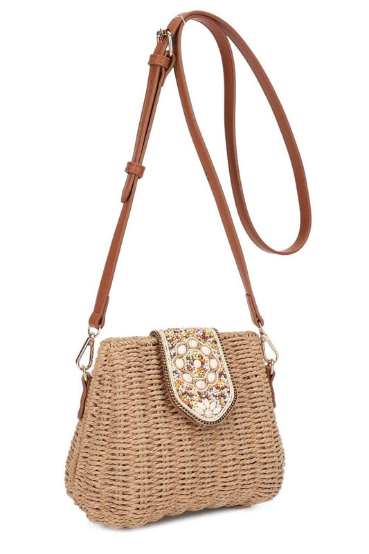 Straw Crossbody Bag Beaded Buckle