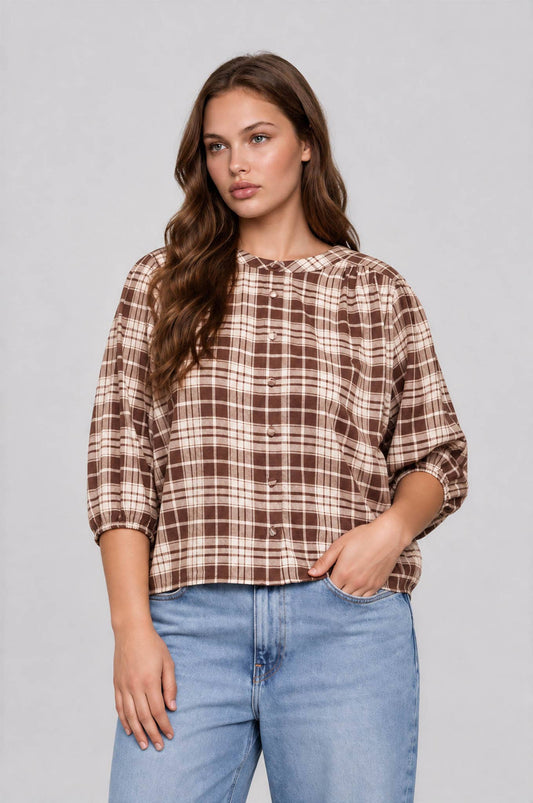 PLUS PLAID 3/4 SLEEVE TOP