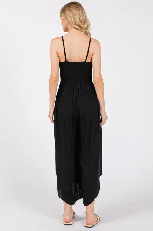 Woven Solid Front Ruched Midi Jumpsuit - VNJU60322