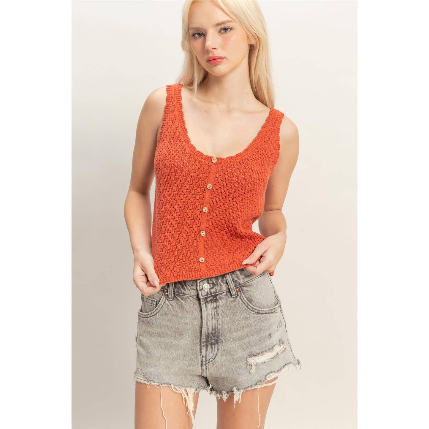 Open Knit Scallop Edge Button Front Tank Top