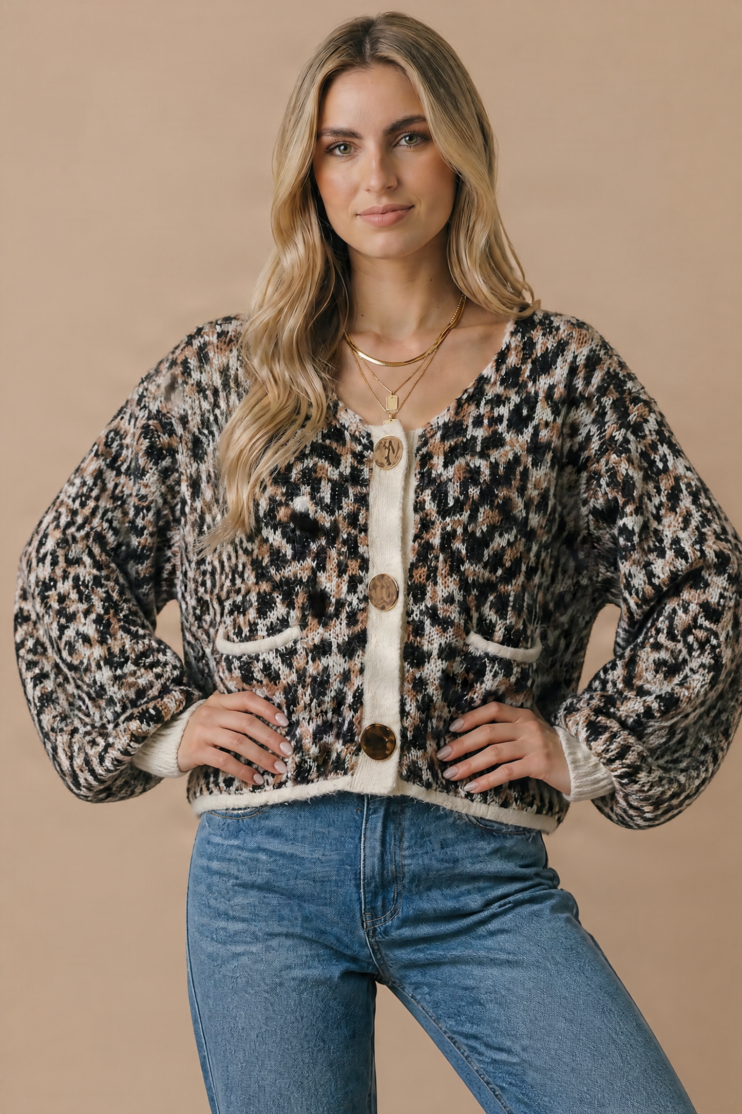 Plus Scoop Neck Leopard Gold Buttons Cardigan