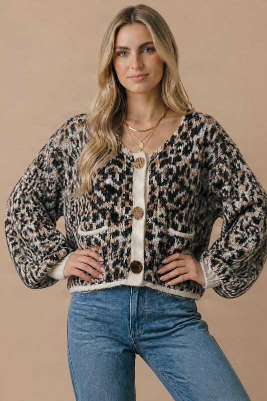 Plus Scoop Neck Leopard Gold Buttons Cardigan