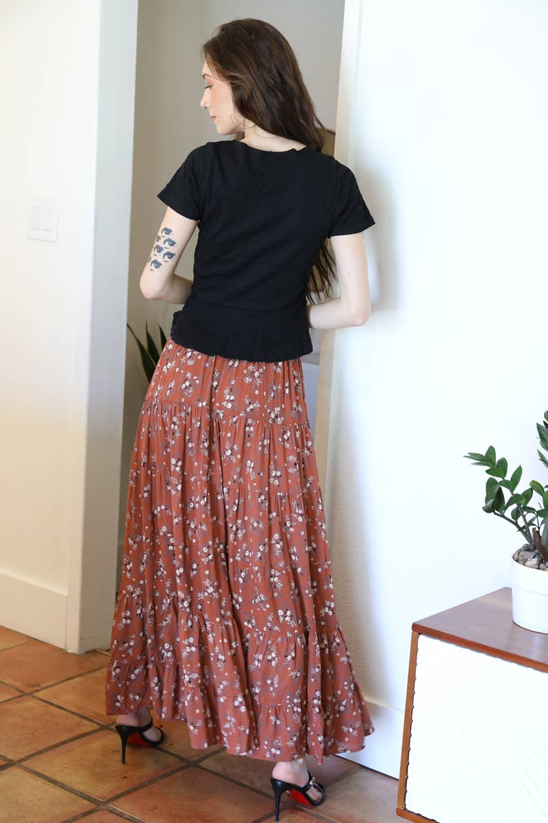 SMOCKED WAIST TIERED MAXI SKIRT