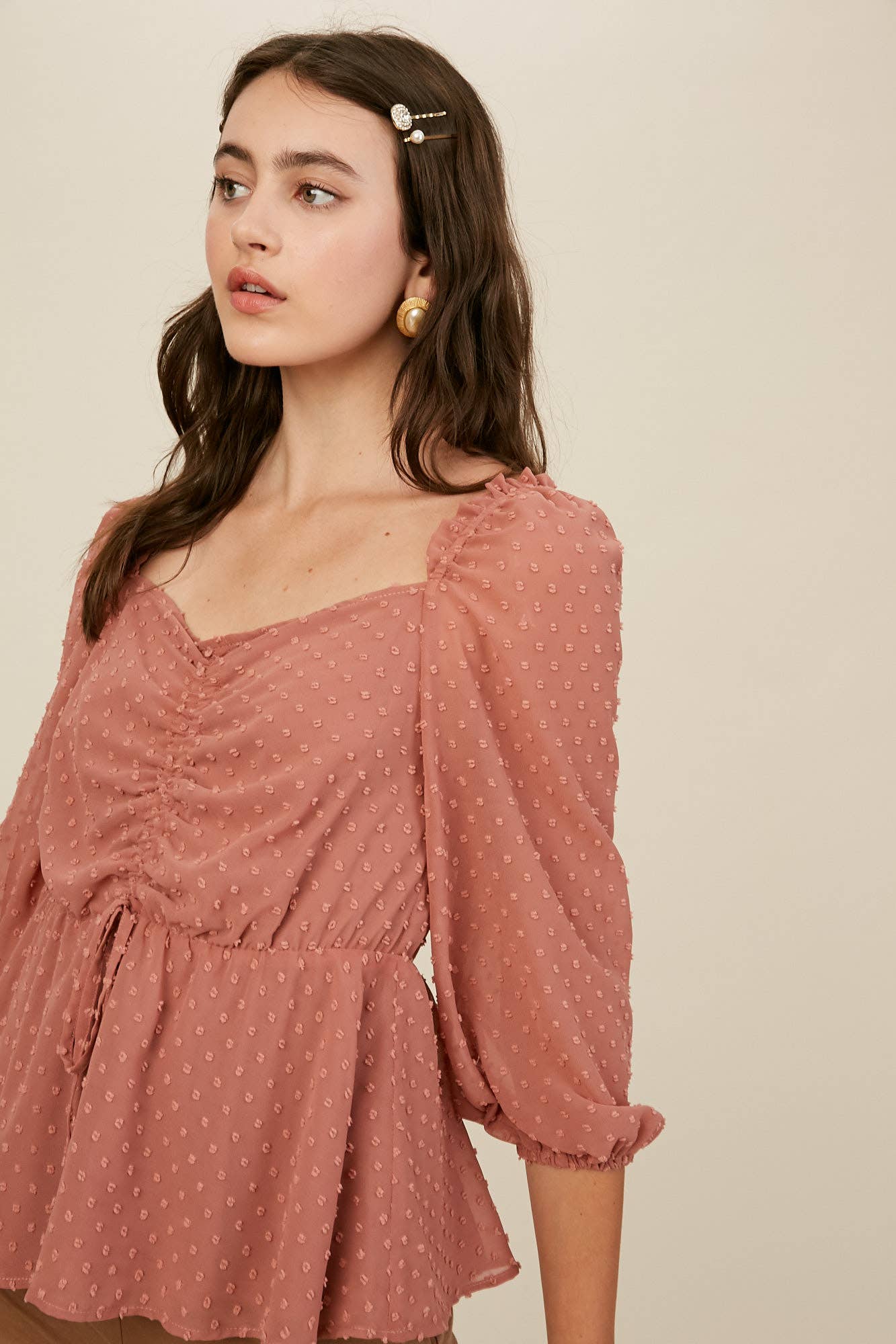 Swiss Dot Ruched Peplum Blouse