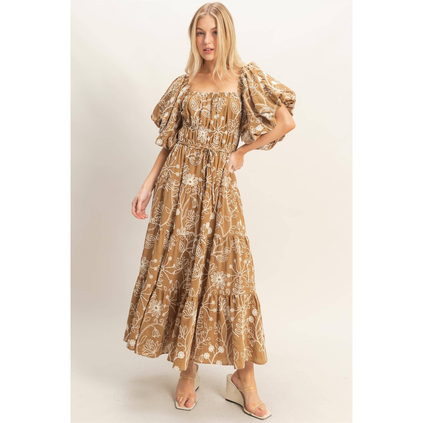 Floral Puff Sleeve Midi Dress: LIGHT BROWN / S-M-L(2-2-2)