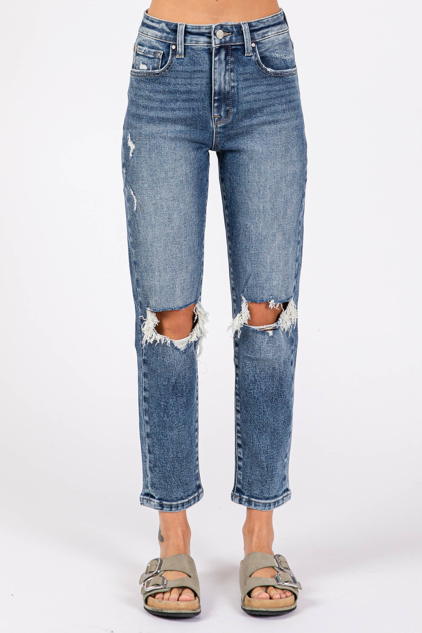 MD KNEE DESTROYED SUPER HIGH RISE STRETCH MOM JEANS