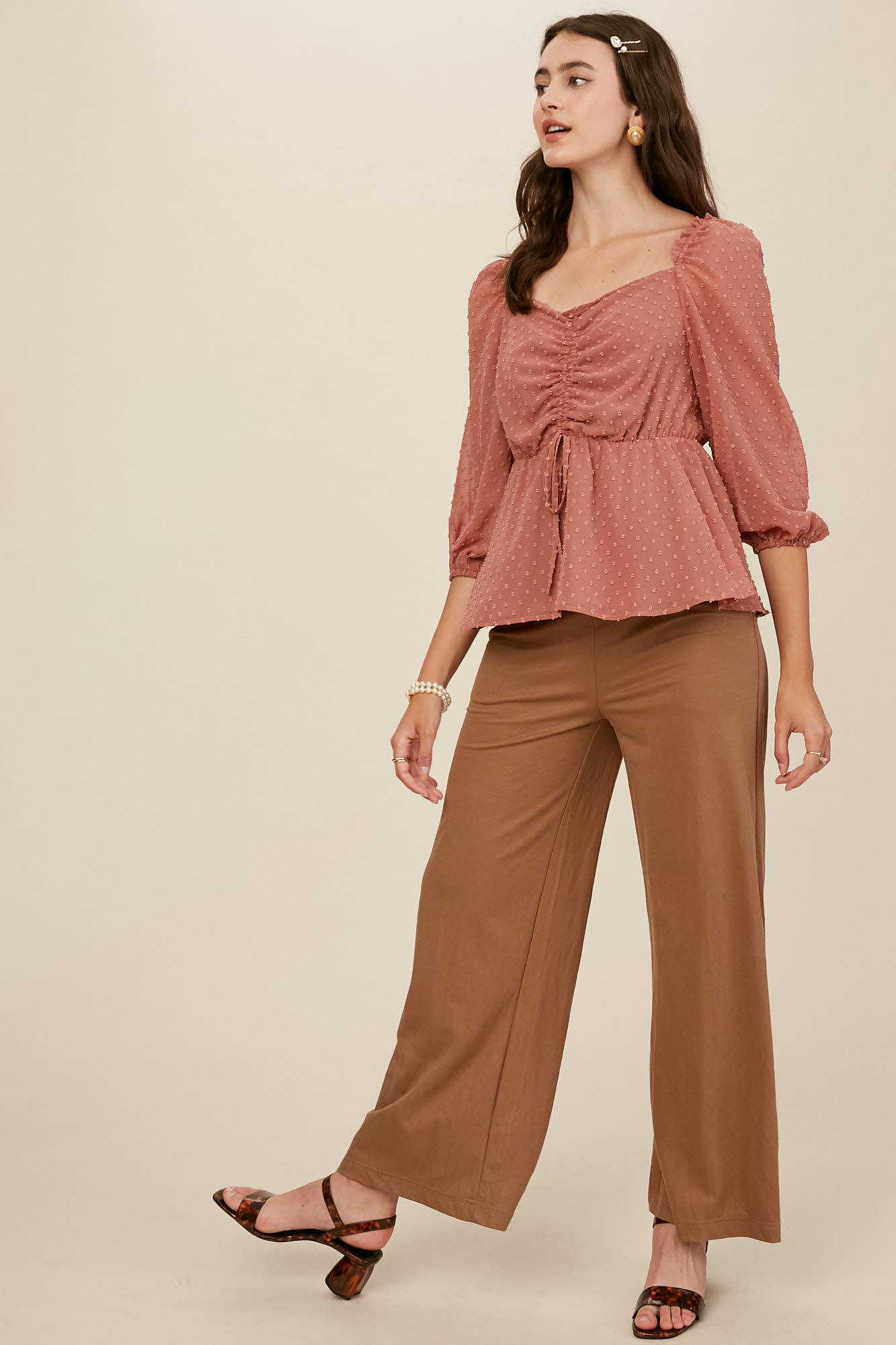 Swiss Dot Ruched Peplum Blouse